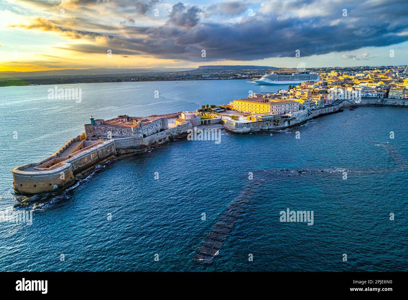 Aerial view of the Maniace castle, the island of Ortigia and the city