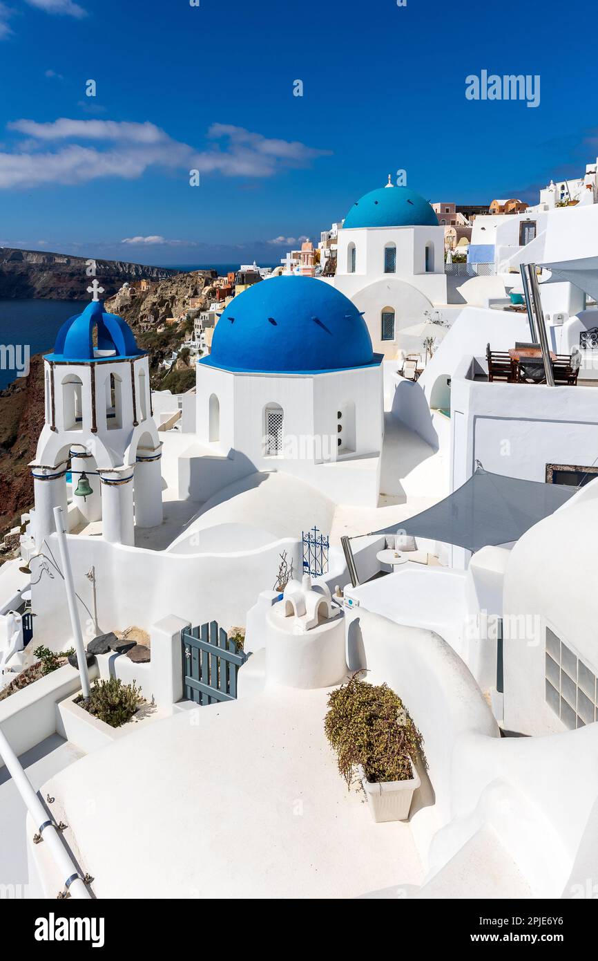 The 3 blue domes from Oia Stock Photo