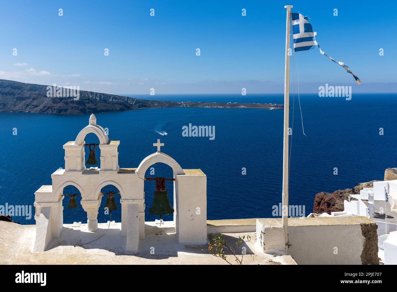 Three Bells of Fira, Fira, Santorini, Greece Stock Photo