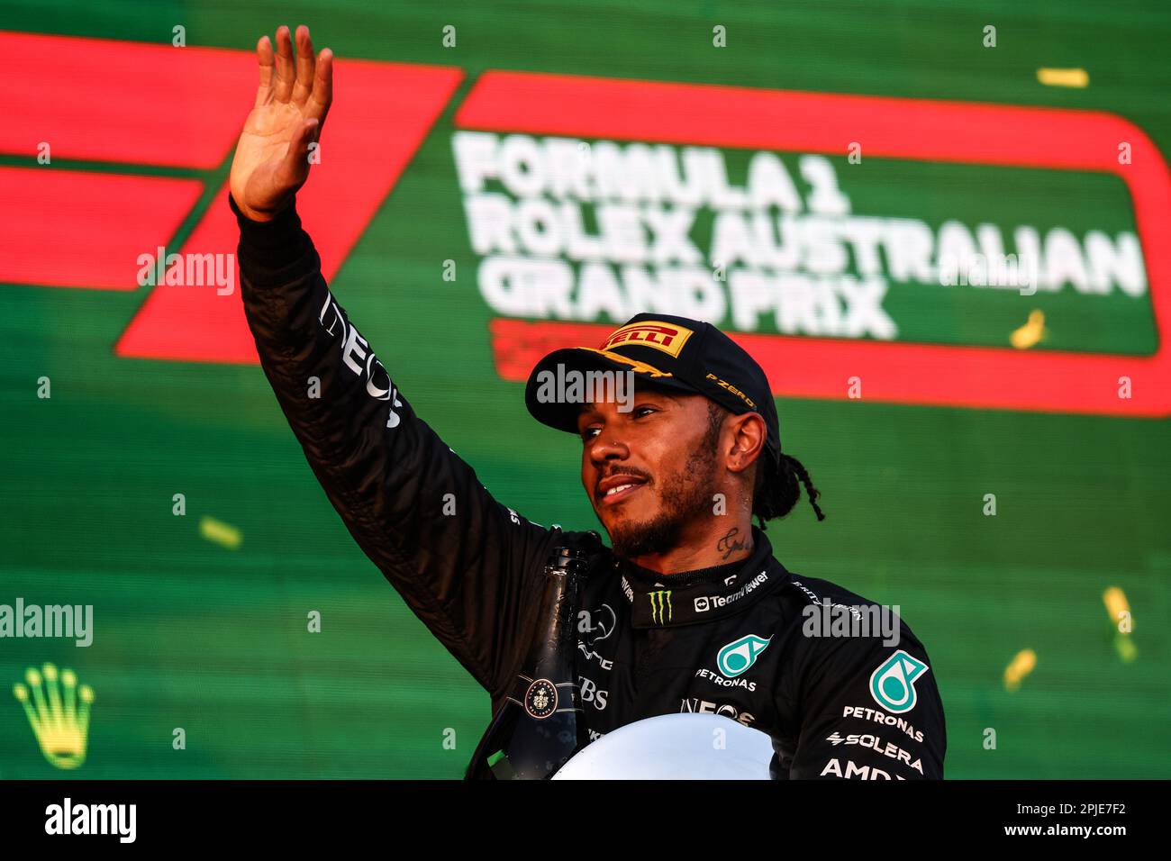 Melbourne, Australia. 02nd Apr, 2023. Lewis Hamilton (GBR) Mercedes AMG F1 celebrates his second position on the podium