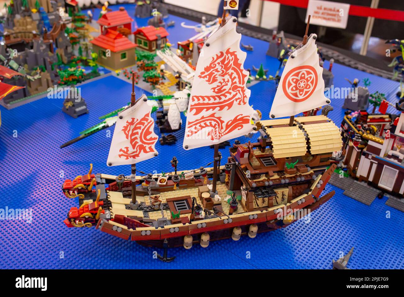 Lego Ninjago Destiny's Bounty, scene with warriors made from lego blocks at  a mall exibition Stock Photo - Alamy
