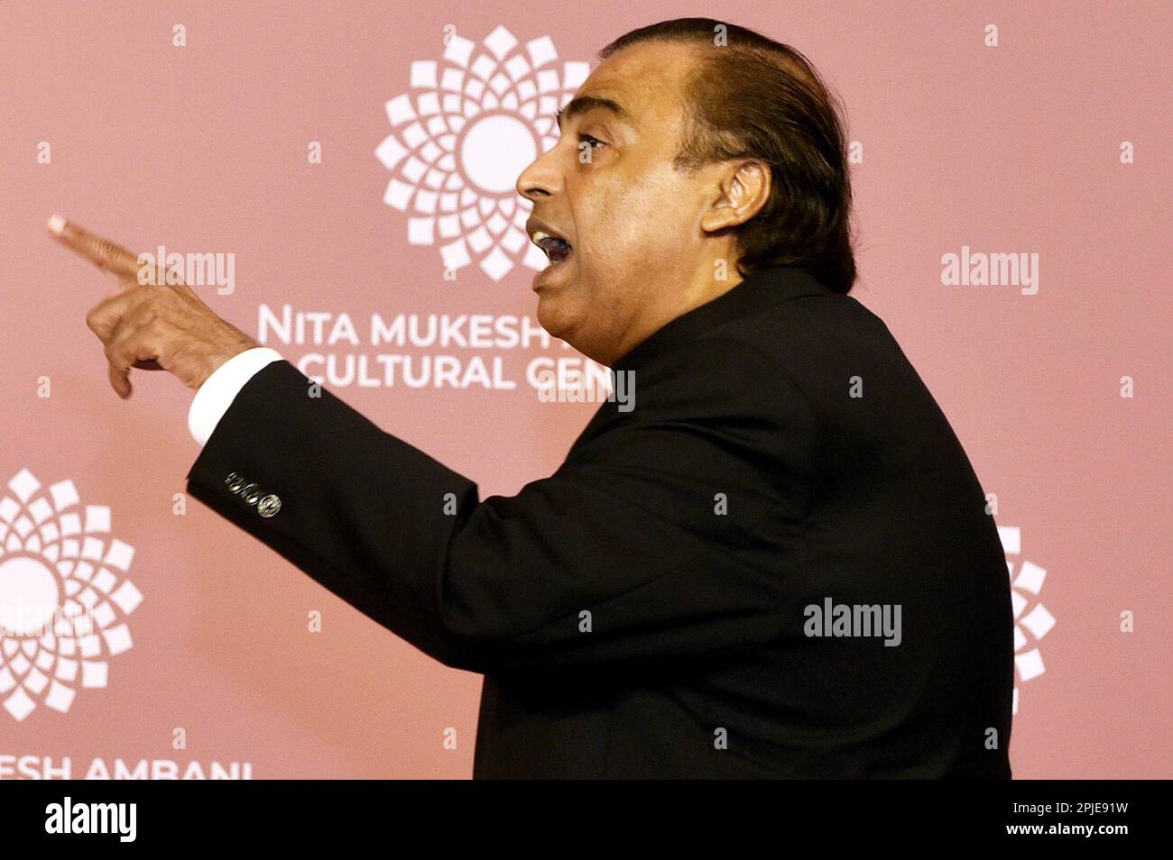 Indian billionaire businessman Mukesh Ambani reacts on the red carpet for a photograph on the second day of the openings of Nita Mukesh Ambani Cultural Centre in Mumbai, India, 01 April, 2023. (Photo by Indranil Aditya/NurPhoto)0 Credit: NurPhoto SRL/Alamy Live News Stock Photo