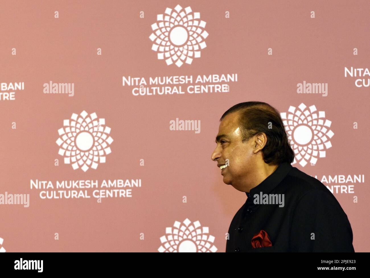 Indian billionaire businessman Mukesh Ambani reacts on the red carpet for a photograph on the second day of the openings of Nita Mukesh Ambani Cultural Centre in Mumbai, India, 01 April, 2023. (Photo by Indranil Aditya/NurPhoto) Credit: NurPhoto SRL/Alamy Live News Stock Photo
