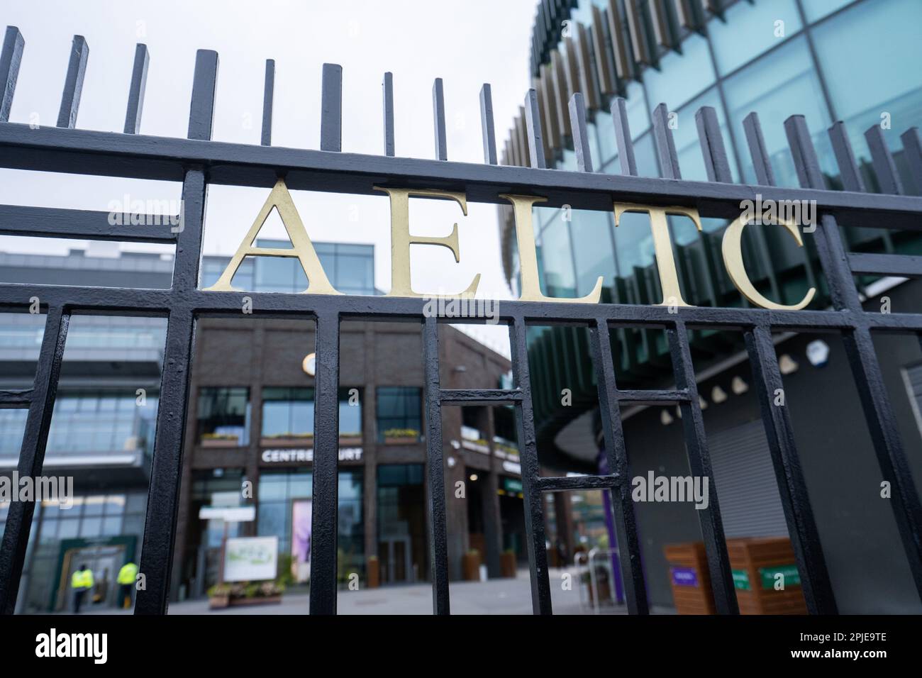 London UK 2 April 2023. The main gates with the AELTC logo. The All ...