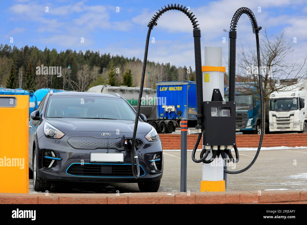 Kia E-Niro electric car charging battery. E-Niro is available as hybrid, plug-in hybrid or as a fully electric vehicle. Salo, Finland. March 11, 2023. Stock Photo
