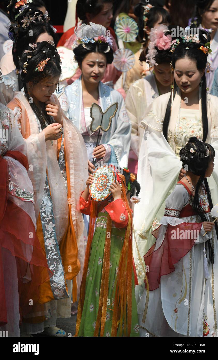 Hangzhou, China's Zhejiang Province. 2nd Apr, 2023. Females in traditional Chinese clothing Hanfu are pictured in Xixi Wetland of Hangzhou, capital of east China's Zhejiang Province, April 2, 2023. Lovers of traditional Chinese clothing Hanfu gathered here for a 'flower fairies festival' to celebrate the coming of spring. Credit: Weng Xinyang/Xinhua/Alamy Live News Stock Photo