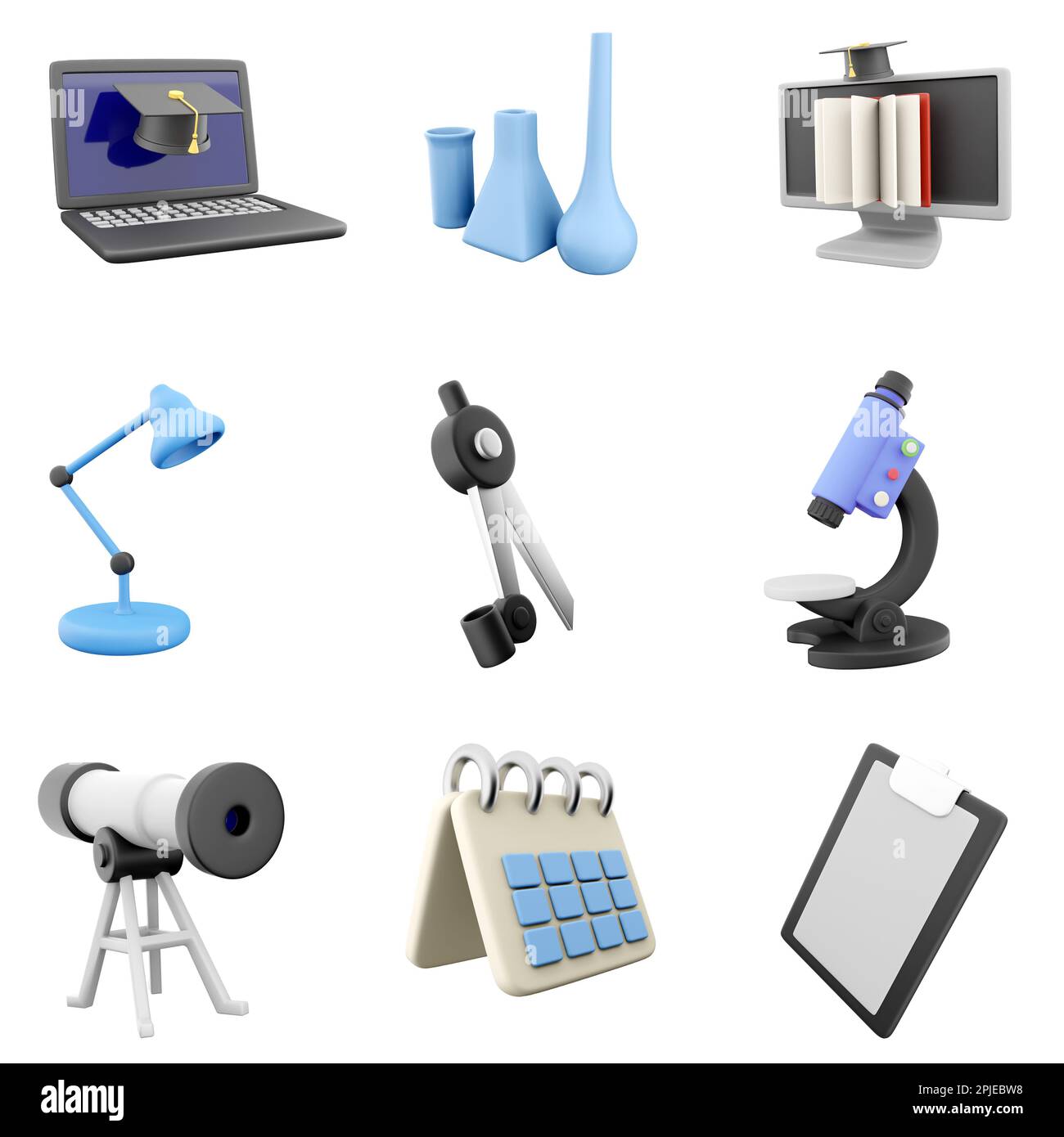 3d rendering graduation cap, chemical flasks, open book monitor, blue lamp, compass, microscope, telescope, calendar and notebook icon set. 3d render Stock Photo