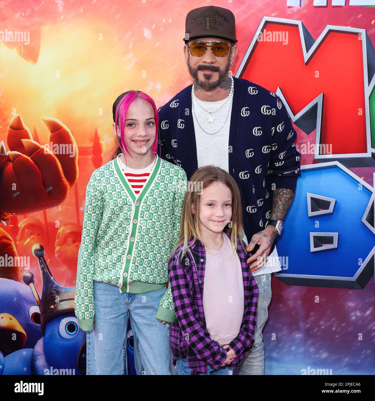 LOS ANGELES, CALIFORNIA, USA - APRIL 01: AJ McLean, Ava McLean and Lyric McLean arrive at the Los Angeles Special Screening Of Universal Pictures, Nintendo And Illumination Entertainment's 'The Super Mario Bros. Movie' held at the Regal Cinemas LA Live & 4DX Movie on April 1, 2023 in Los Angeles, California, United States. (Photo by Xavier Collin/Image Press Agency) Stock Photo