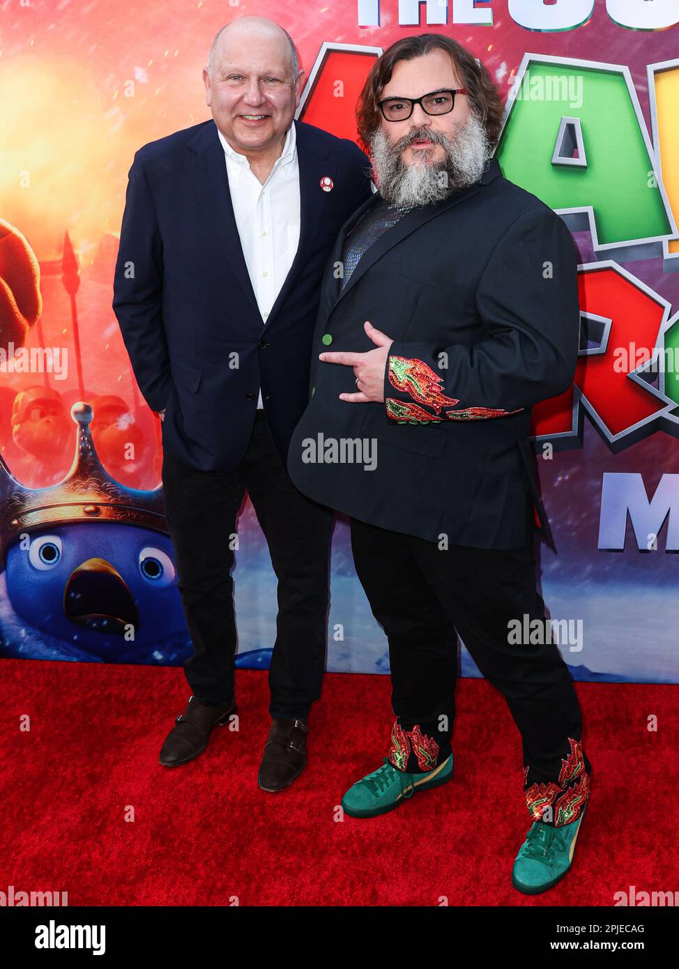 LOS ANGELES, CALIFORNIA, USA - APRIL 01: Chris Meledandri and Jack Black arrive at the Los Angeles Special Screening Of Universal Pictures, Nintendo And Illumination Entertainment's 'The Super Mario Bros. Movie' held at the Regal Cinemas LA Live & 4DX Movie on April 1, 2023 in Los Angeles, California, United States. (Photo by Xavier Collin/Image Press Agency) Stock Photo