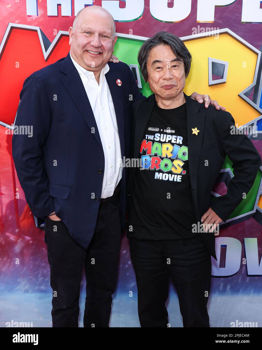 LOS ANGELES, CALIFORNIA, USA - APRIL 01: Chris Meledandri and Shigeru Miyamoto arrive at the Los Angeles Special Screening Of Universal Pictures, Nintendo And Illumination Entertainment's 'The Super Mario Bros. Movie' held at the Regal Cinemas LA Live & 4DX Movie on April 1, 2023 in Los Angeles, California, United States. (Photo by Xavier Collin/Image Press Agency) Stock Photo