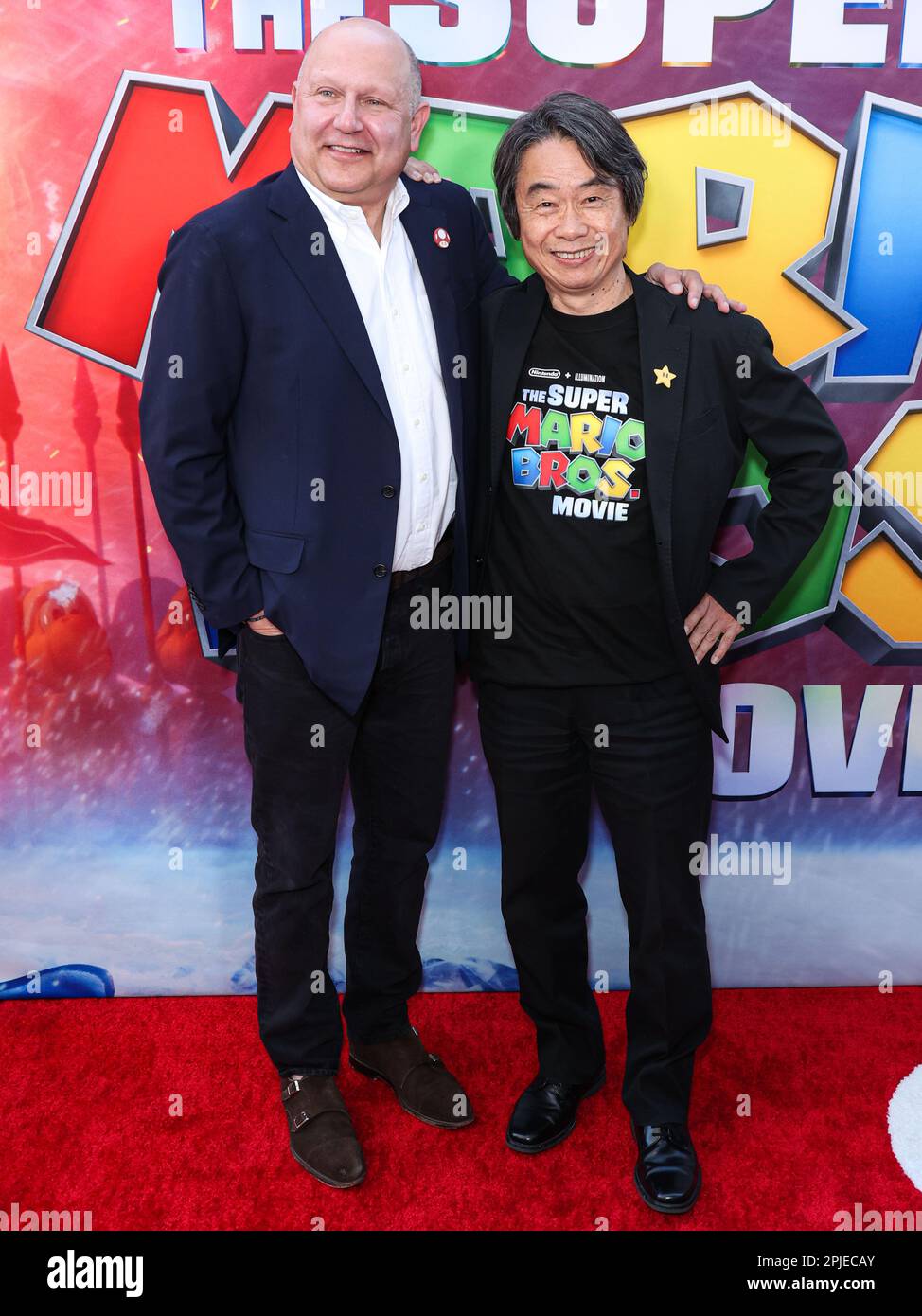 LOS ANGELES, CALIFORNIA, USA - APRIL 01: Chris Meledandri and Shigeru Miyamoto arrive at the Los Angeles Special Screening Of Universal Pictures, Nintendo And Illumination Entertainment's 'The Super Mario Bros. Movie' held at the Regal Cinemas LA Live & 4DX Movie on April 1, 2023 in Los Angeles, California, United States. (Photo by Xavier Collin/Image Press Agency) Stock Photo