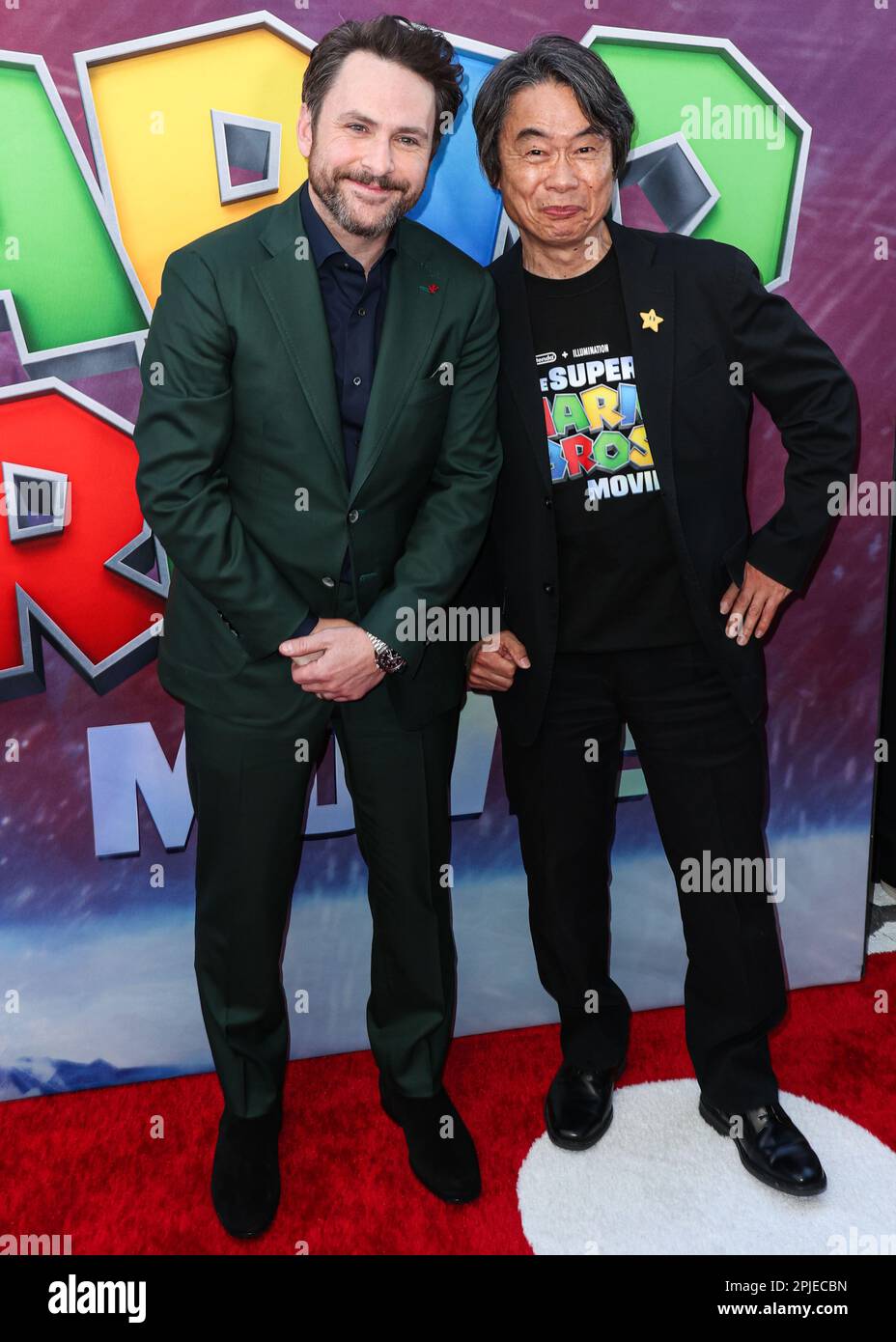 LOS ANGELES, CALIFORNIA, USA - APRIL 01: Charlie Day and Shigeru Miyamoto arrive at the Los Angeles Special Screening Of Universal Pictures, Nintendo And Illumination Entertainment's 'The Super Mario Bros. Movie' held at the Regal Cinemas LA Live & 4DX Movie on April 1, 2023 in Los Angeles, California, United States. (Photo by Xavier Collin/Image Press Agency) Stock Photo