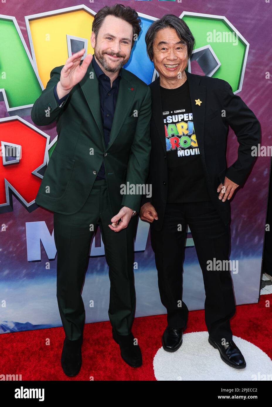 LOS ANGELES, CALIFORNIA, USA - APRIL 01: Charlie Day and Shigeru Miyamoto arrive at the Los Angeles Special Screening Of Universal Pictures, Nintendo And Illumination Entertainment's 'The Super Mario Bros. Movie' held at the Regal Cinemas LA Live & 4DX Movie on April 1, 2023 in Los Angeles, California, United States. (Photo by Xavier Collin/Image Press Agency) Stock Photo