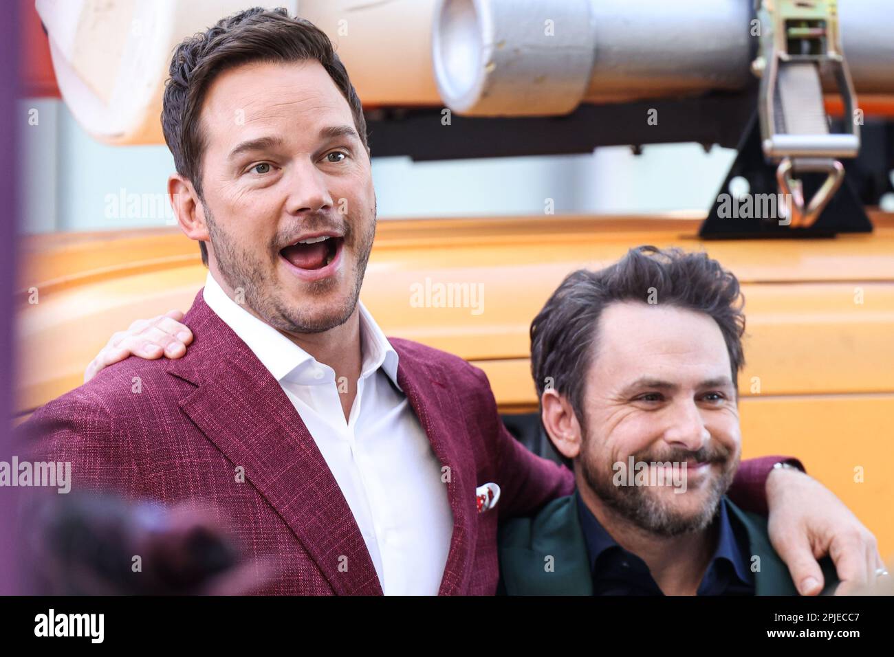 LOS ANGELES, CALIFORNIA, USA - APRIL 01: Chris Pratt and Charlie Day arrive at the Los Angeles Special Screening Of Universal Pictures, Nintendo And Illumination Entertainment's 'The Super Mario Bros. Movie' held at the Regal Cinemas LA Live & 4DX Movie on April 1, 2023 in Los Angeles, California, United States. (Photo by Xavier Collin/Image Press Agency) Stock Photo