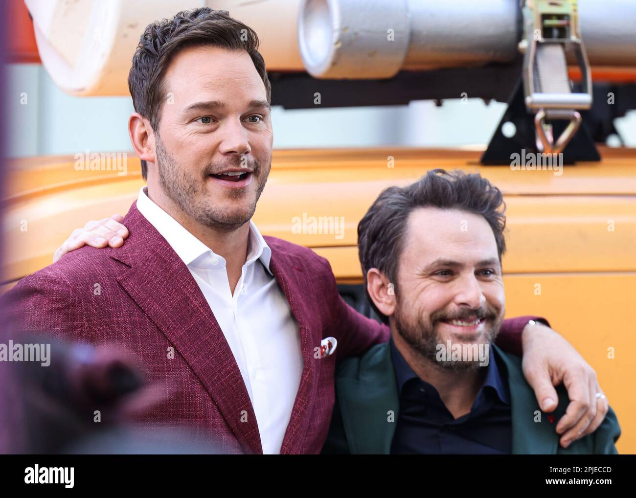 LOS ANGELES, CALIFORNIA, USA - APRIL 01: Chris Pratt and Charlie Day arrive at the Los Angeles Special Screening Of Universal Pictures, Nintendo And Illumination Entertainment's 'The Super Mario Bros. Movie' held at the Regal Cinemas LA Live & 4DX Movie on April 1, 2023 in Los Angeles, California, United States. (Photo by Xavier Collin/Image Press Agency) Stock Photo