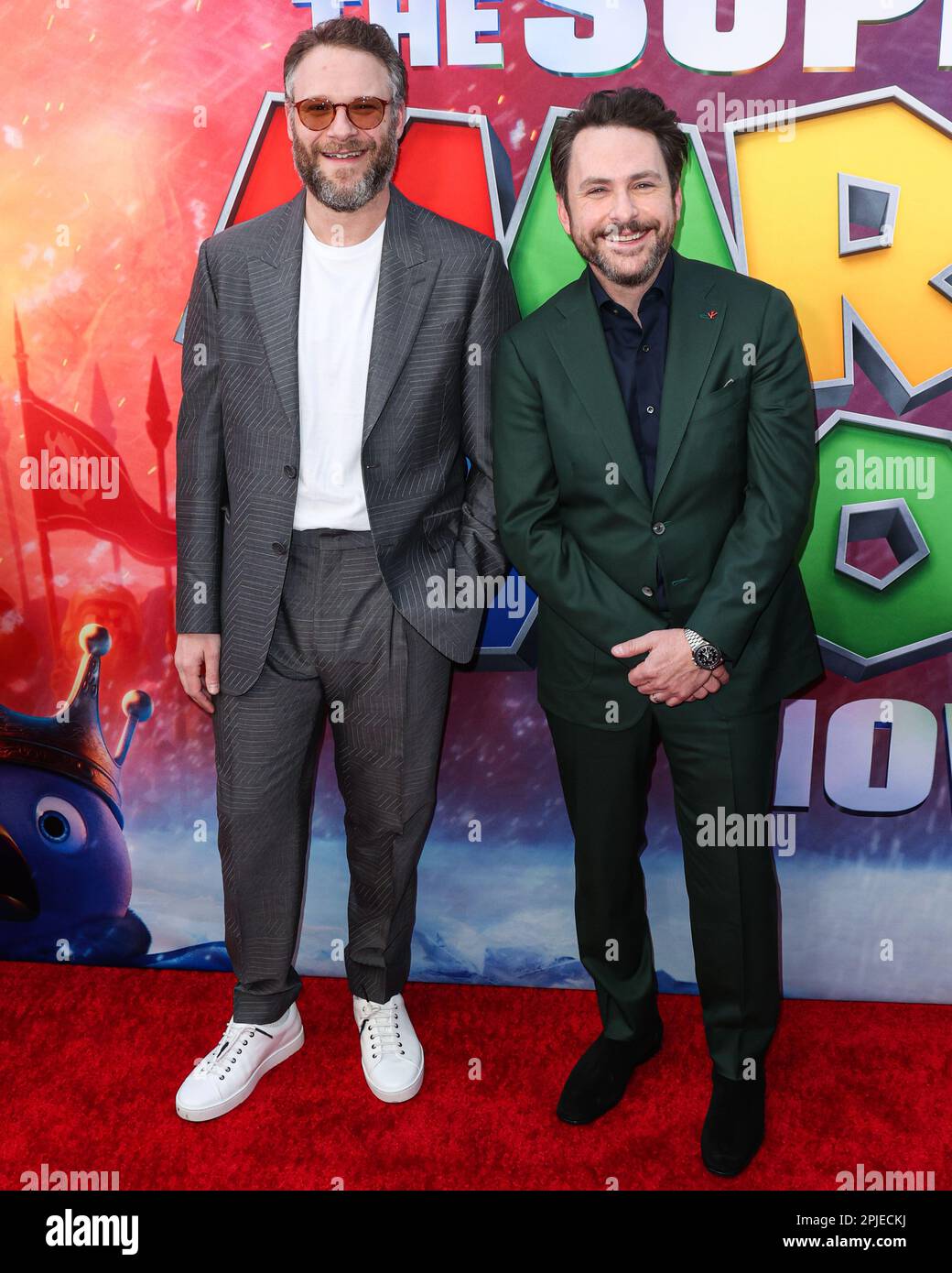 LOS ANGELES, CALIFORNIA, USA - APRIL 01: Seth Rogen and Charlie Day arrive at the Los Angeles Special Screening Of Universal Pictures, Nintendo And Illumination Entertainment's 'The Super Mario Bros. Movie' held at the Regal Cinemas LA Live & 4DX Movie on April 1, 2023 in Los Angeles, California, United States. (Photo by Xavier Collin/Image Press Agency) Stock Photo