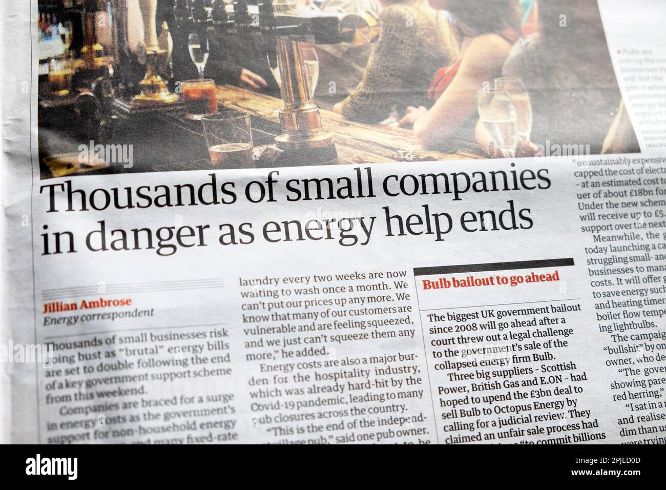 'Thousands of small companies in danger as energy help ends' Guardian newspaper headline Tory government financial support article 21 April 2023 UK Stock Photo