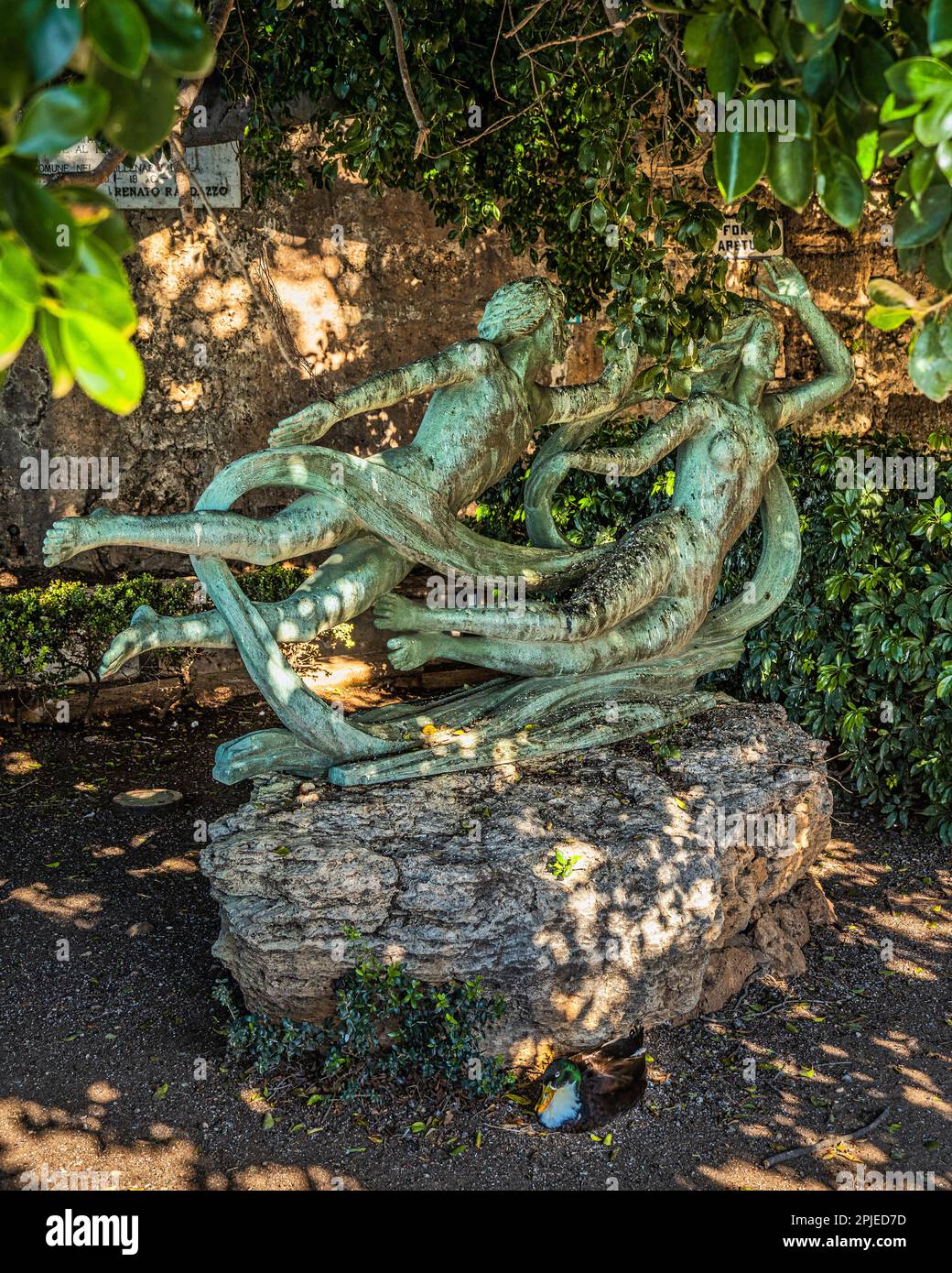 A contemporary bronze statue that recalls the legend of Alpheus and Arethusa near the Fonte Aretusa. Syracuse, Sicily, Italy, Europe Stock Photo