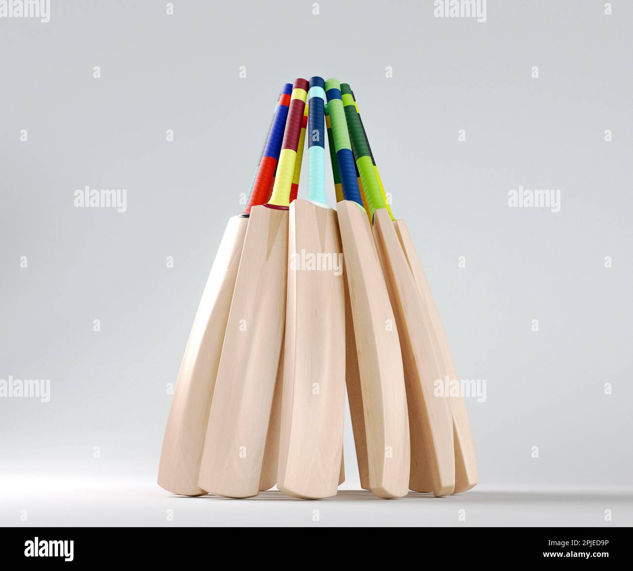 A circular arrangement of cricket bats with various colorful grips on