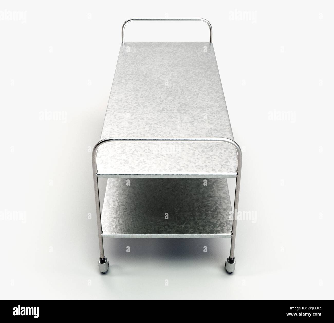 A simple stainless steel and chrome hospital or mortuary gurney with