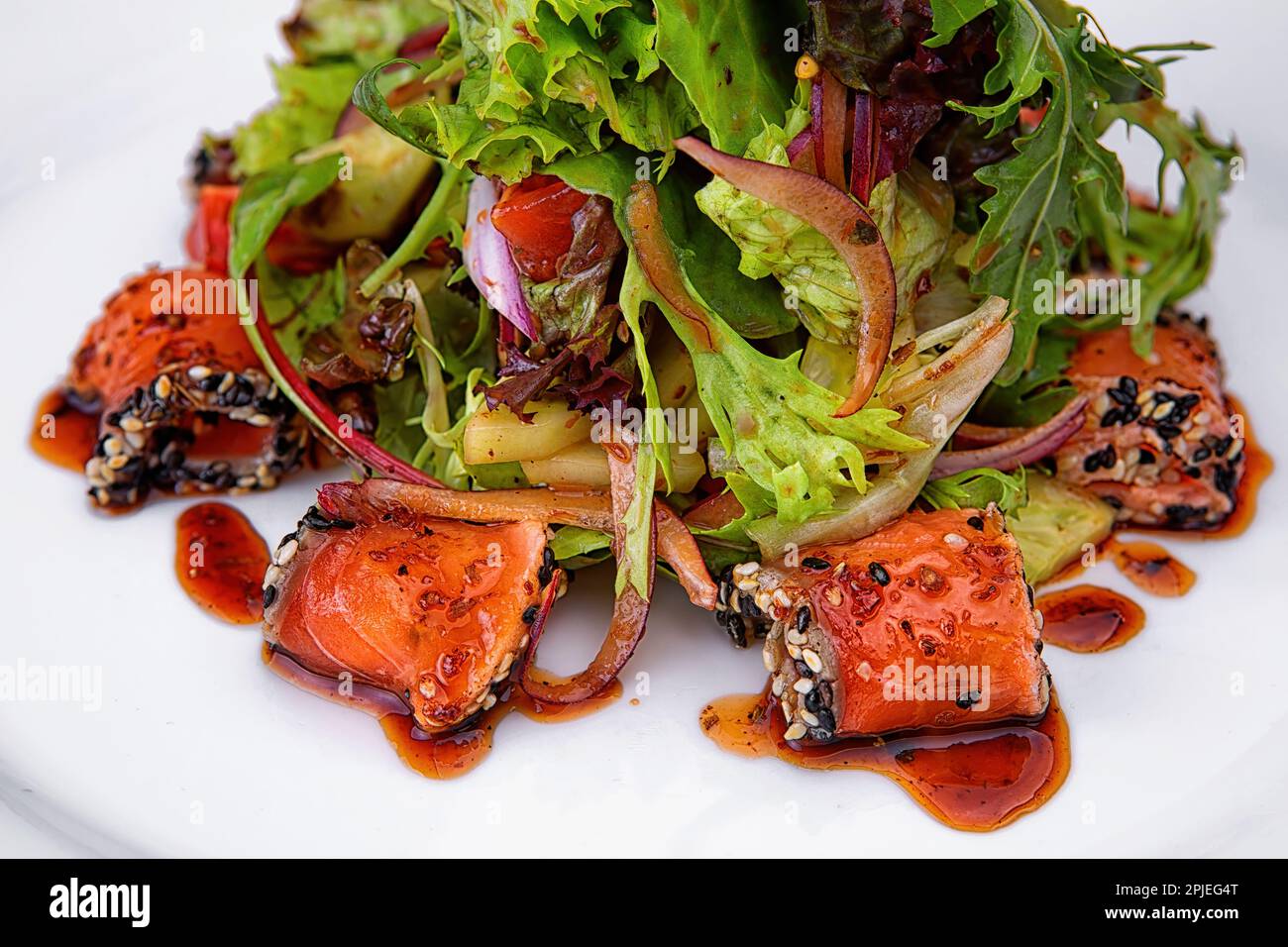 Japanese-inspired teriyaki salmon salad with sesame seeds Stock Photo