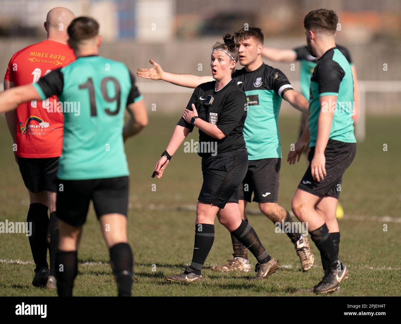 Referee Sophie Wood wears a Bodycam during a bodycam trial while refereeing Redcar CF v The Southern Cross FC during the Division One Manjaros Langbaurgh League match at North Riding County FA, Middlesbrough. Picture date: Sunday April 2, 2023. Stock Photo