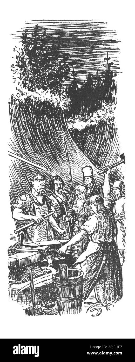 Illustration from the book Bohdan Khmelnytskyi, M. Starytskyi. CIRCA 1648: The forgers reforge rural tools into weapons - knives, swords, spears. Stock Photo