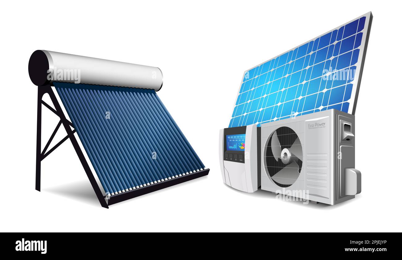 Heat pump, inverter and solar panel as a green energy system concept Stock Photo