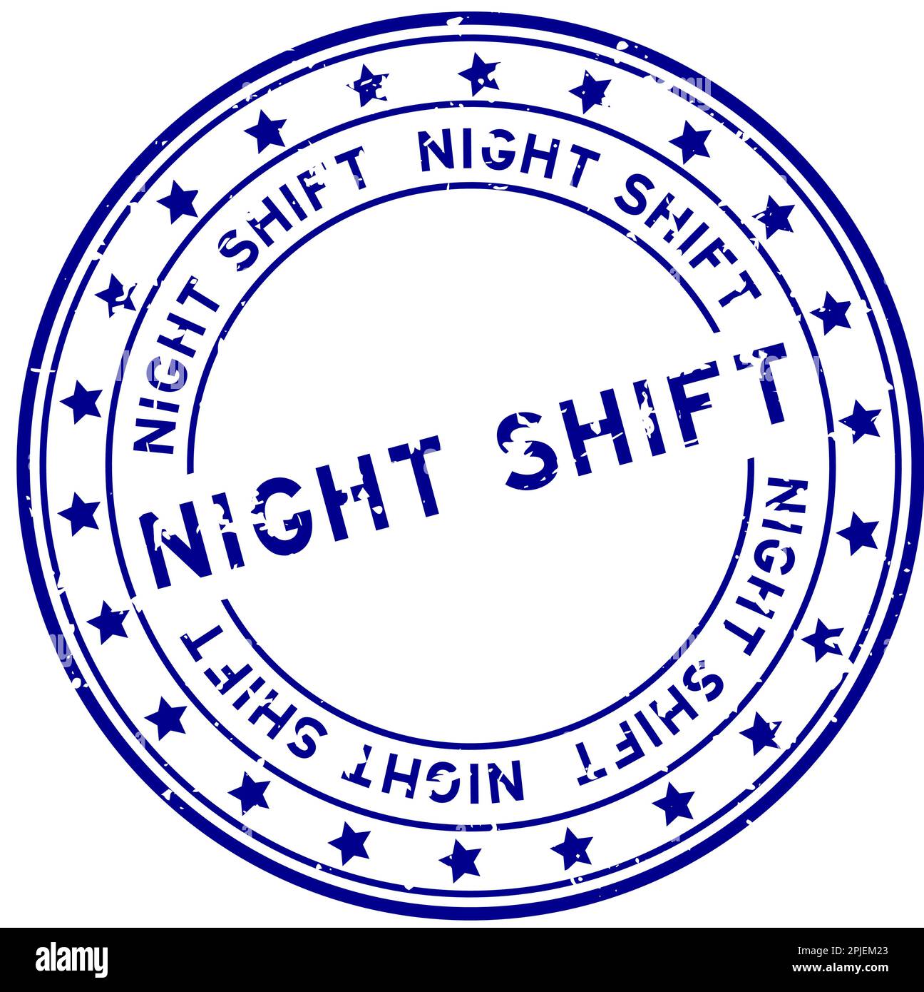 Grunge blue night shift word with star icon round rubber seal stamp on