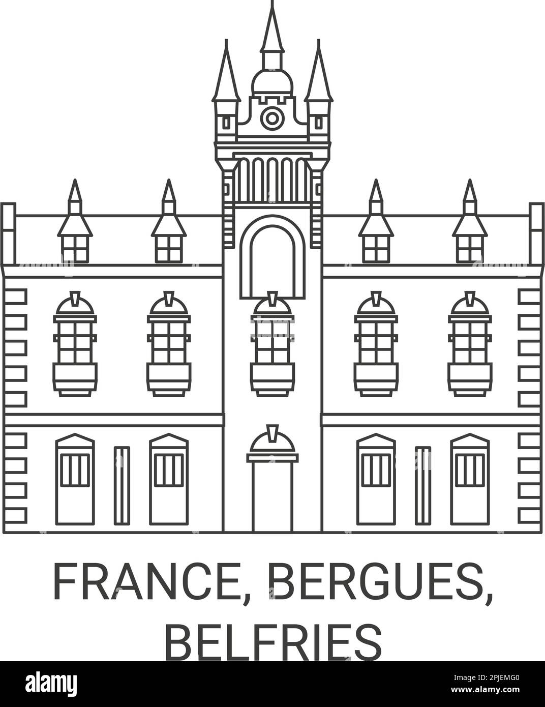 France, Bergues, Belfries, travel landmark vector illustration Stock Vector
