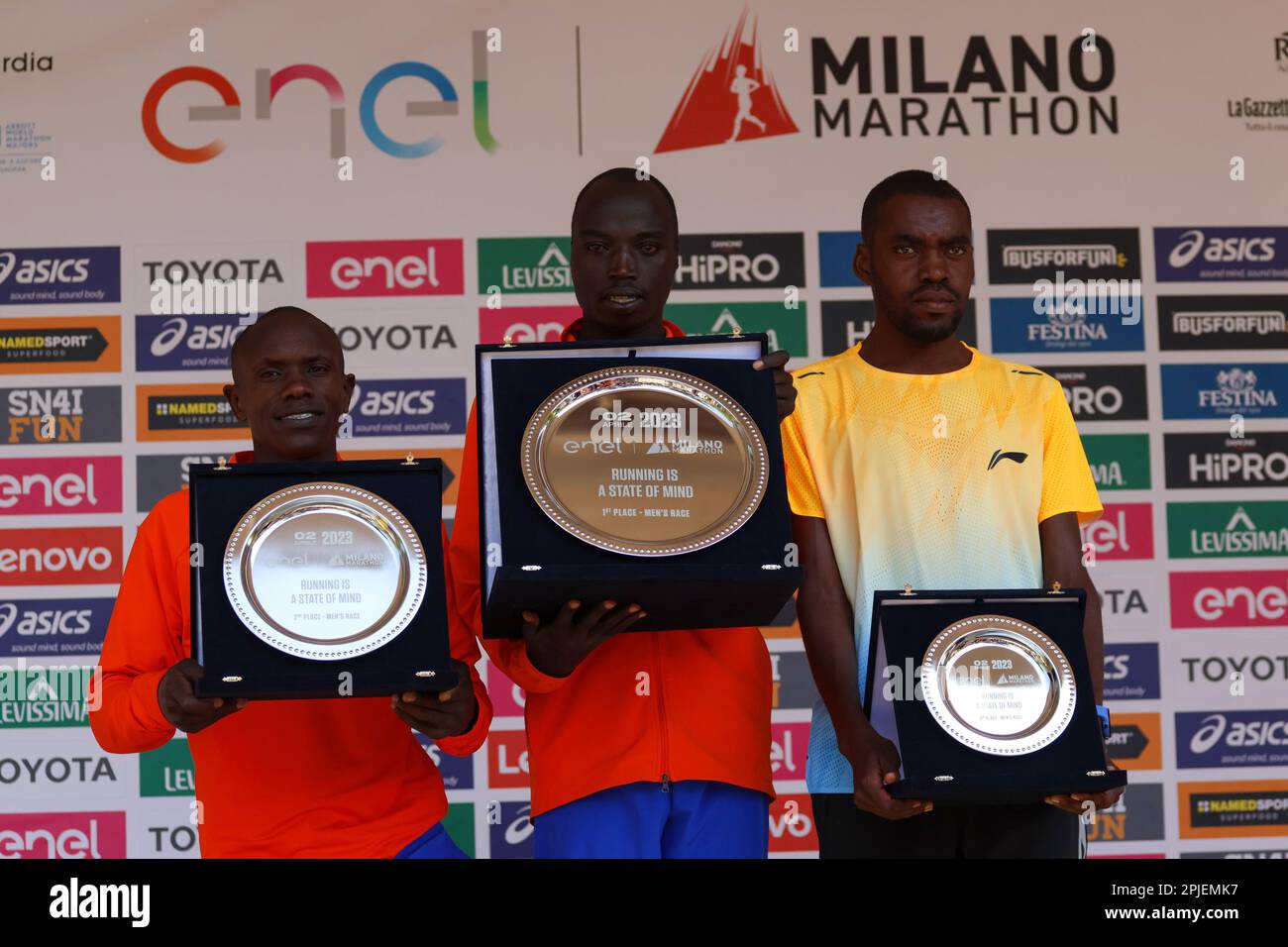 Milan, Italy. 02nd Apr, 2023. Men's podium during Milano Marathon