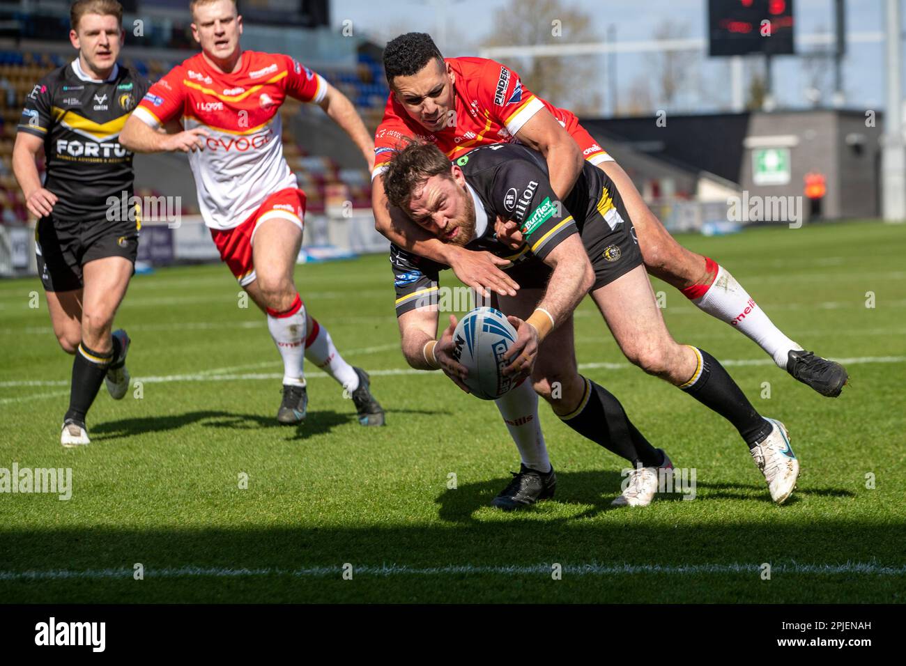 DANNY KIRMOND of York Knights scores their 2nd try during the Betfred Challenge Cup Fourth Road match between York City Knights and Sheffield Eagles at LNER Community Stadium, Monks Cross, York on Sunday 2nd April 2023. (Photo: Mark Fletcher | MI News) Credit: MI News & Sport /Alamy Live News Stock Photo