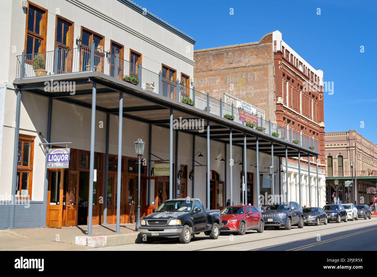 Galveston, Texas, USA - February 2023: Historic buildings in one of the main streets in the city Stock Photo