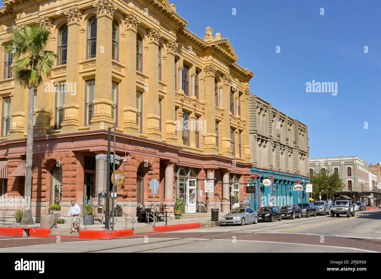 Galveston, Texas, USA - February 2023: Historic buildings in one of the main streets in the city Stock Photo