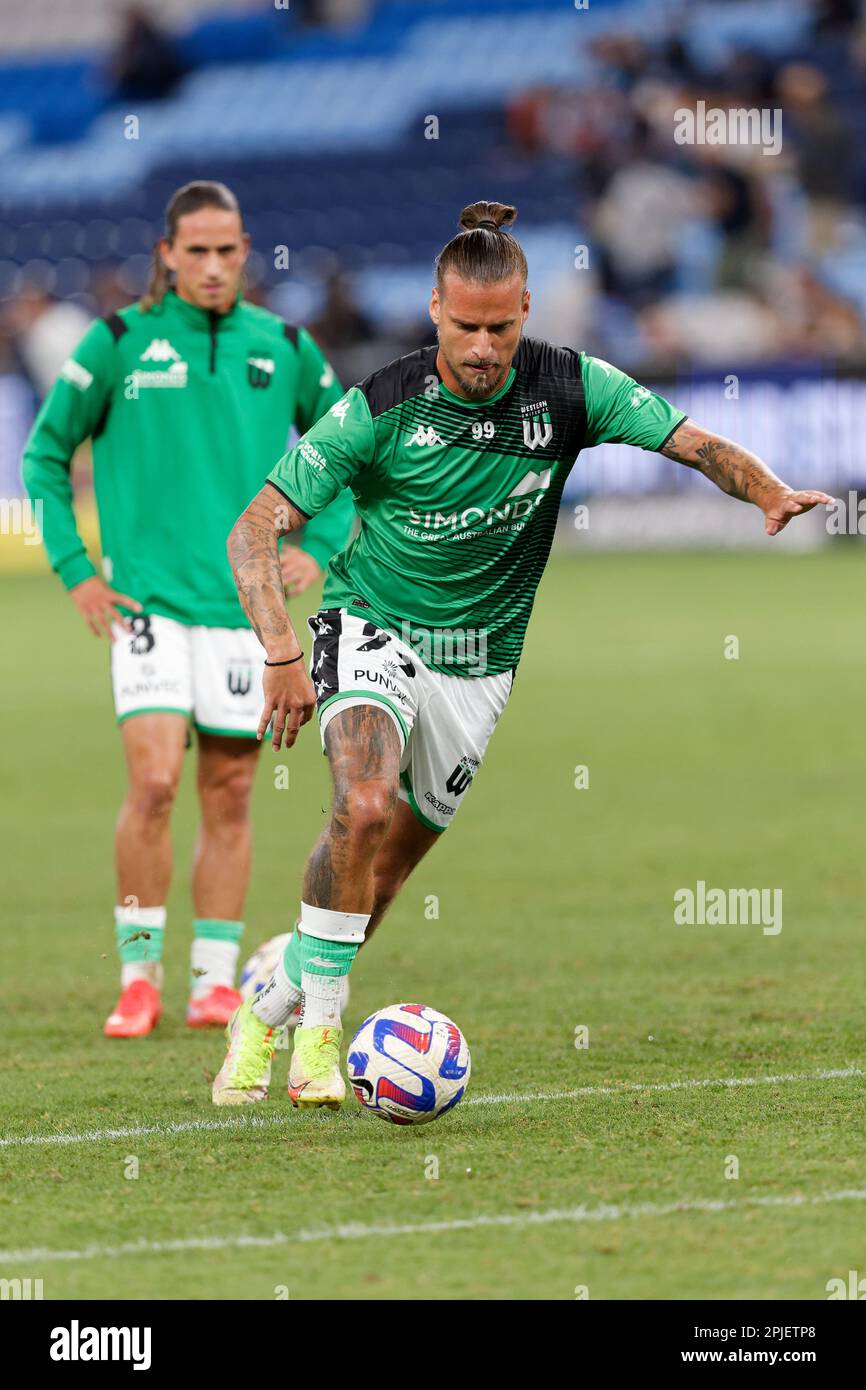 Sydney, Australia. 01st Apr, 2023. Aleksandar Prijovic of Western United warms up before the match between Sydney FC and Western United at Allianz Stadium on April 1, 2023 in Sydney, Australia Credit: IOIO IMAGES/Alamy Live News Stock Photo