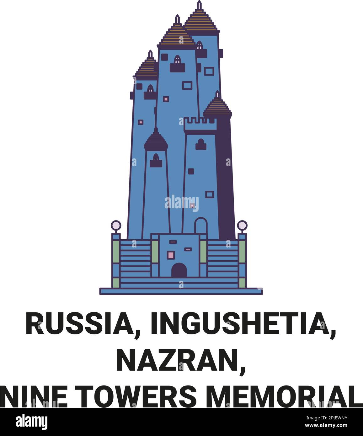 Russia, Ingushetia, Nazran, Nine Towers Memorial travel landmark vector illustration Stock Vector