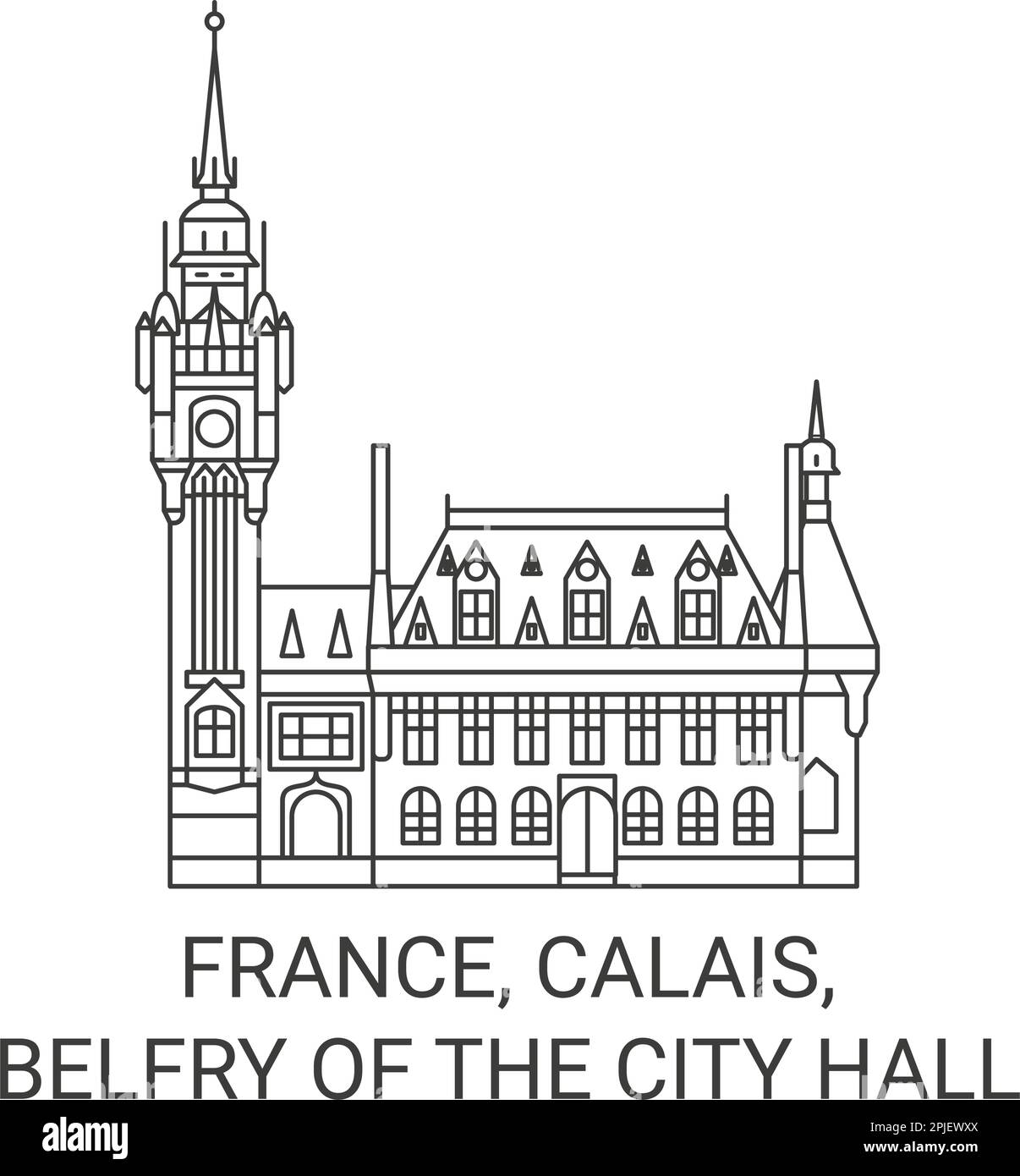 France, Calais, Belfry Of The City Hall travel landmark vector illustration Stock Vector