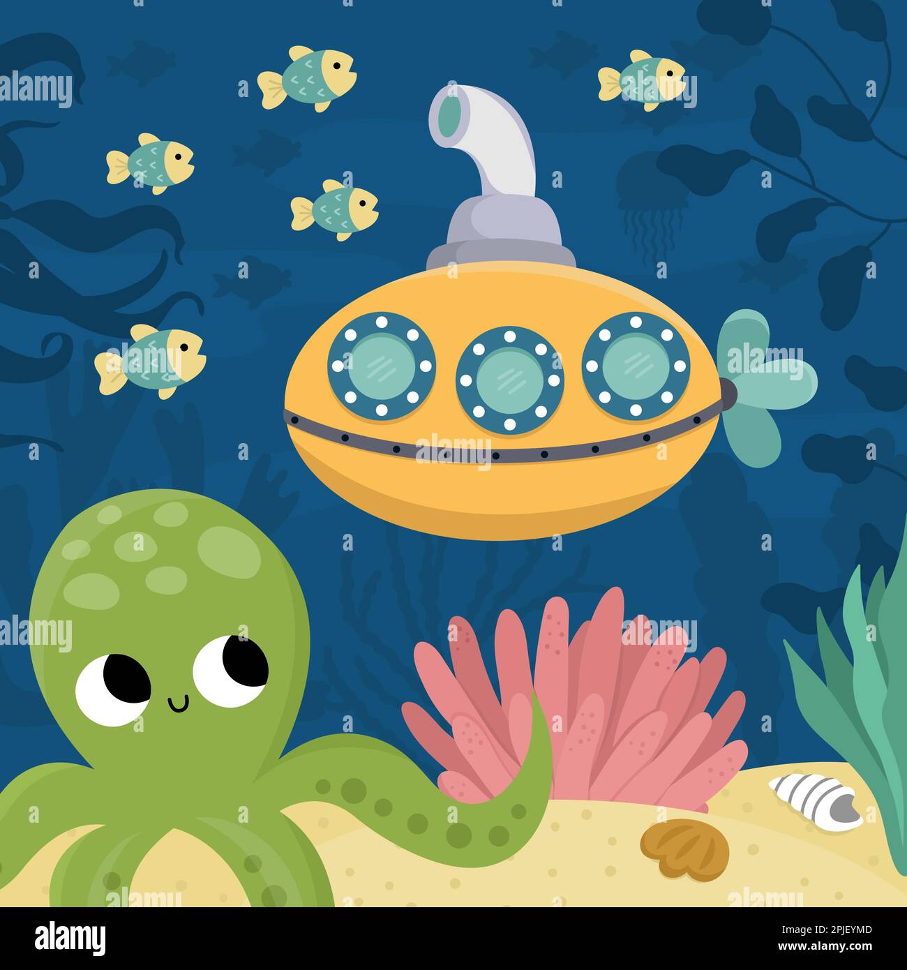 Vector under the sea landscape illustration with octopus and submarine. Ocean life scene with sand, seaweeds, corals, reefs. Cute square water nature Stock Vector