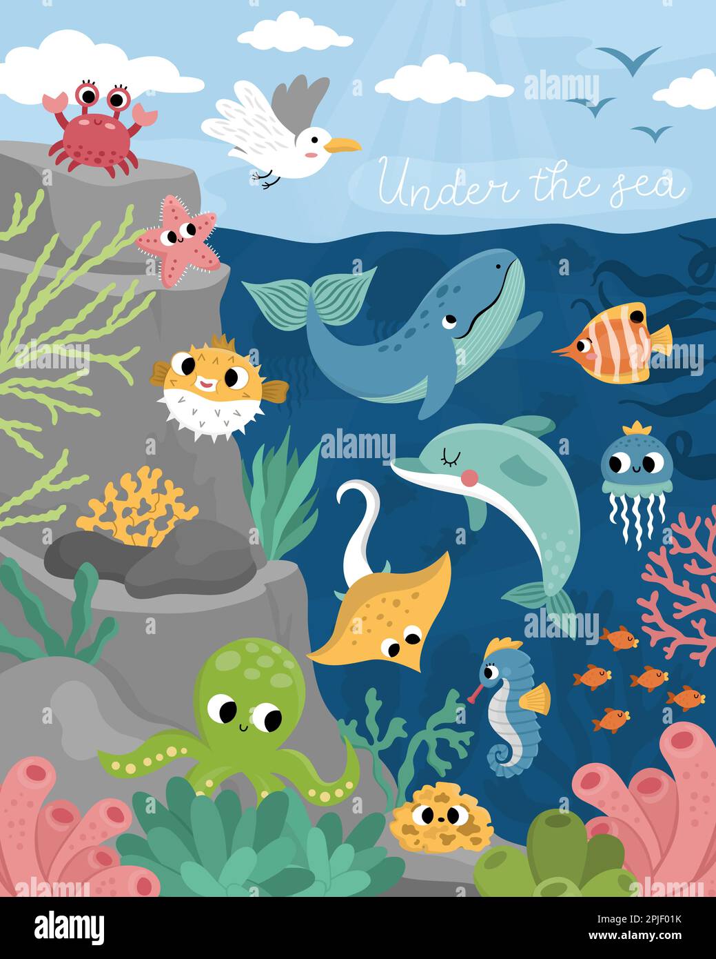 Vector under the sea landscape illustration with rock slope. Ocean life scene with animals, dolphin, whale, shark, seagull, sun. Cute vertical water n Stock Vector