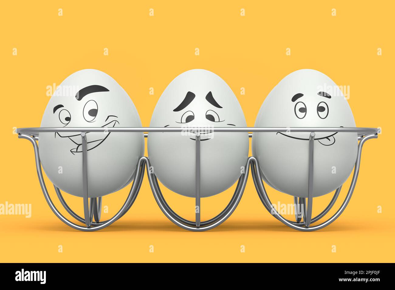 Farm white painted egg with expressions and funny face in metal wire ...