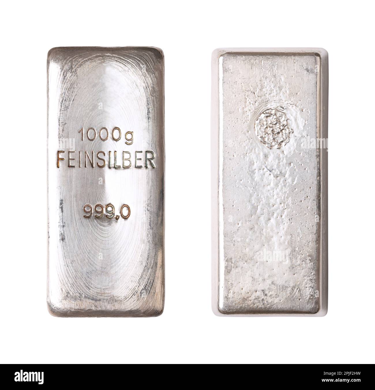 Silver bar, front and back side, isolated from above. Cast silver ingot of 1000 gram, about 32 troy oz of pure metal. Real money, a store of value. Stock Photo