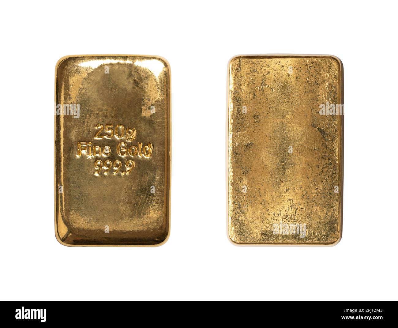Gold bar, front and back side, isolated from above. Cast gold ingot, bullion of 250 gram, about 8 troy oz of pure metal. Real money, store of value. Stock Photo