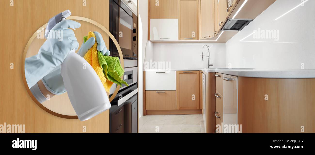 Cleaning service and products. Hands with gloves, rag and spray bottle