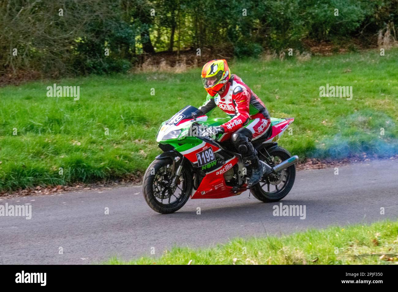 Bike 1199 2007 APRILIA  RS125, powered by a Rotax single cylinder 124.8 cc two-stroke engine ridden by Stuart Caddick at the 2023  HOGHTON TOWER SPRINT COURSE 1/8th timed mile drive. Stock Photo