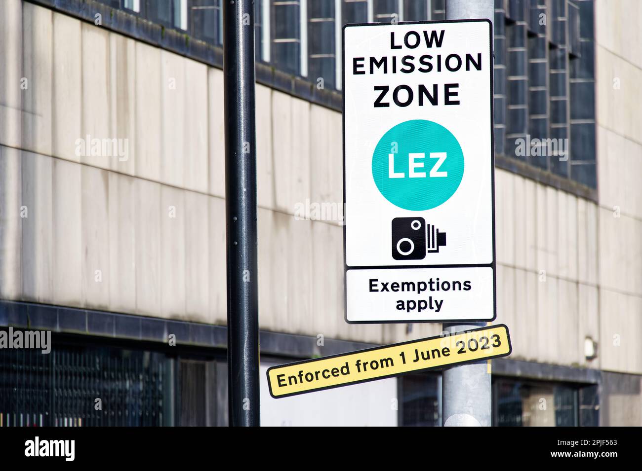 Low emission zone sign in city centre of Glasgow being enforced for all