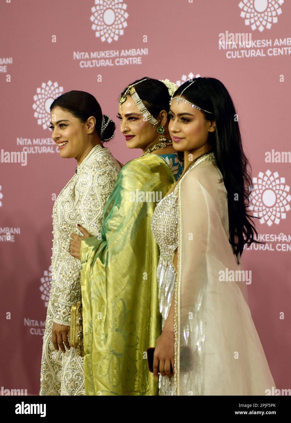 Mumbai, India. 01st Apr, 2023. Indian actress Kajol (L), Rekha (M) and Nysa Devgan (R) poses for a photo shoot on the red carpet during the second day of the opening of Nita Mukesh Ambani Cultural Centre in Mumbai, India, 01 April, 2023. (Photo by Indranil Aditya/NurPhoto) Credit: NurPhoto SRL/Alamy Live News Stock Photo