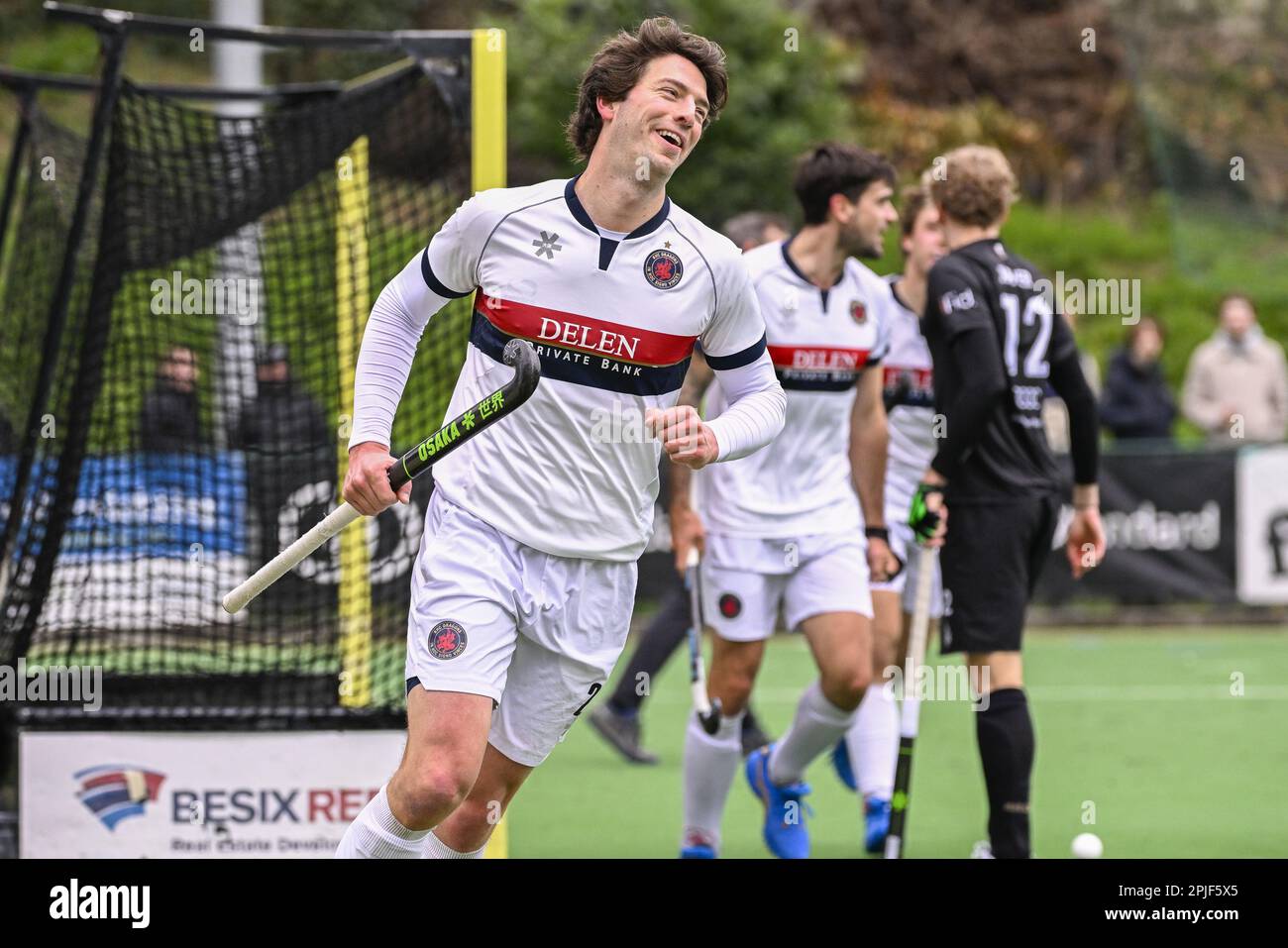 Brussels, Belgium. 02nd Apr, 2023. Dragons' Henri Raes celebrates after scoring during a hockey game between Royal Racing Club Bruxelles and KHC Dragons, Sunday 02 April 2023 in Uccle/Ukkel, Brussels, on day 17 of the Belgian Men Hockey League season 2022-2023. BELGA PHOTO LAURIE DIEFFEMBACQ Credit: Belga News Agency/Alamy Live News Stock Photo
