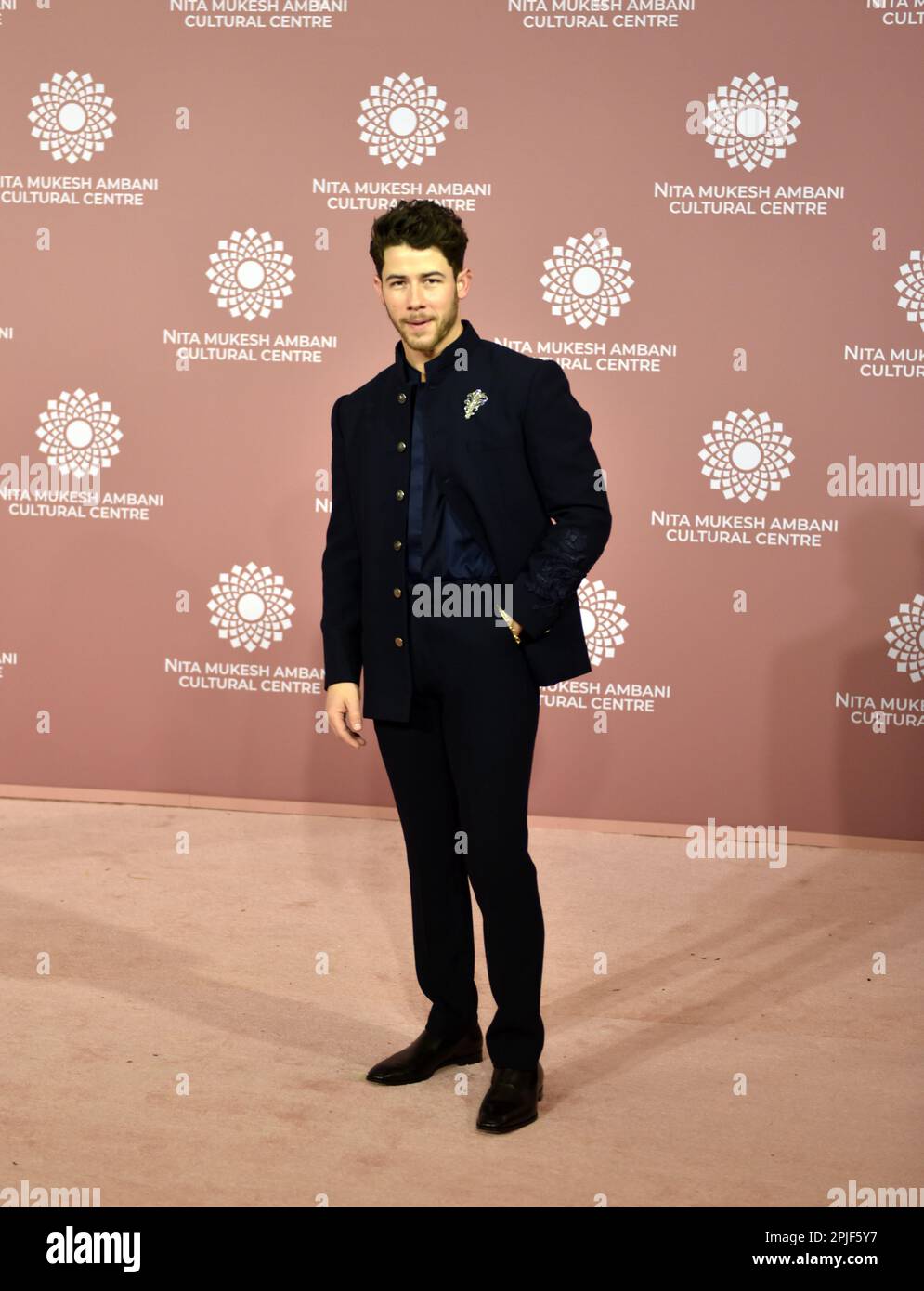 American singer Nick Jonas pose for a photo shoot on the red carpet during the second day of the opening of Nita Mukesh Ambani Cultural Centre in Mumbai, India, 01 April, 2023. (Photo by Indranil Aditya/NurPhoto) Credit: NurPhoto SRL/Alamy Live News Stock Photo