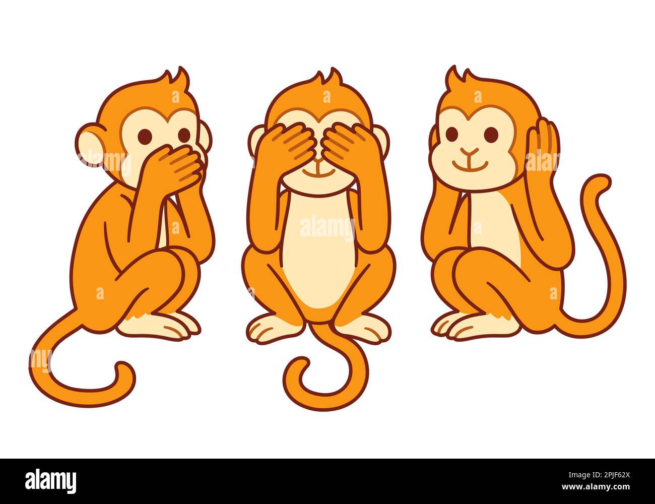 Three wise monkeys with hands covering eyes, ears and mouth: See no evil, Hear no evil, Speak no evil. Cute cartoon funny character illustration. Stock Vector