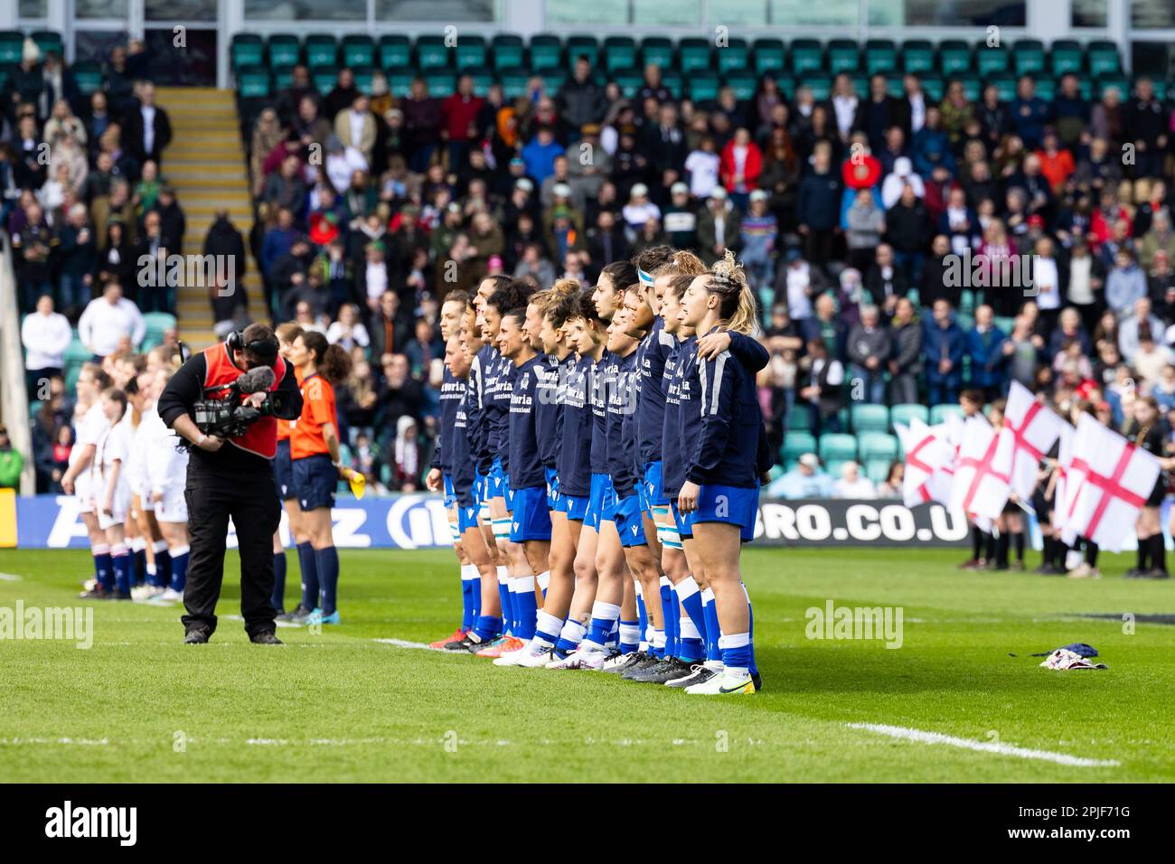 Both teams stand for the national anthems before the TikTok Women’s Six Nations match England vs Italy at Cinch Stadium at Franklin's Gardens, Northampton, United Kingdom, 2nd April 2023  (Photo by Nick Browning/News Images) Stock Photo